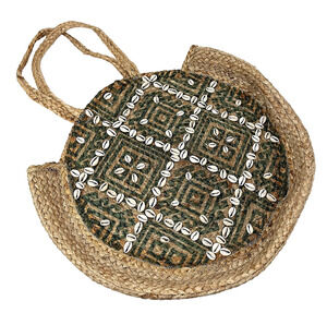 Philia & Agape Round Straw Beach Tote Bag Cowrie Shell Boho 17x15 NWOT